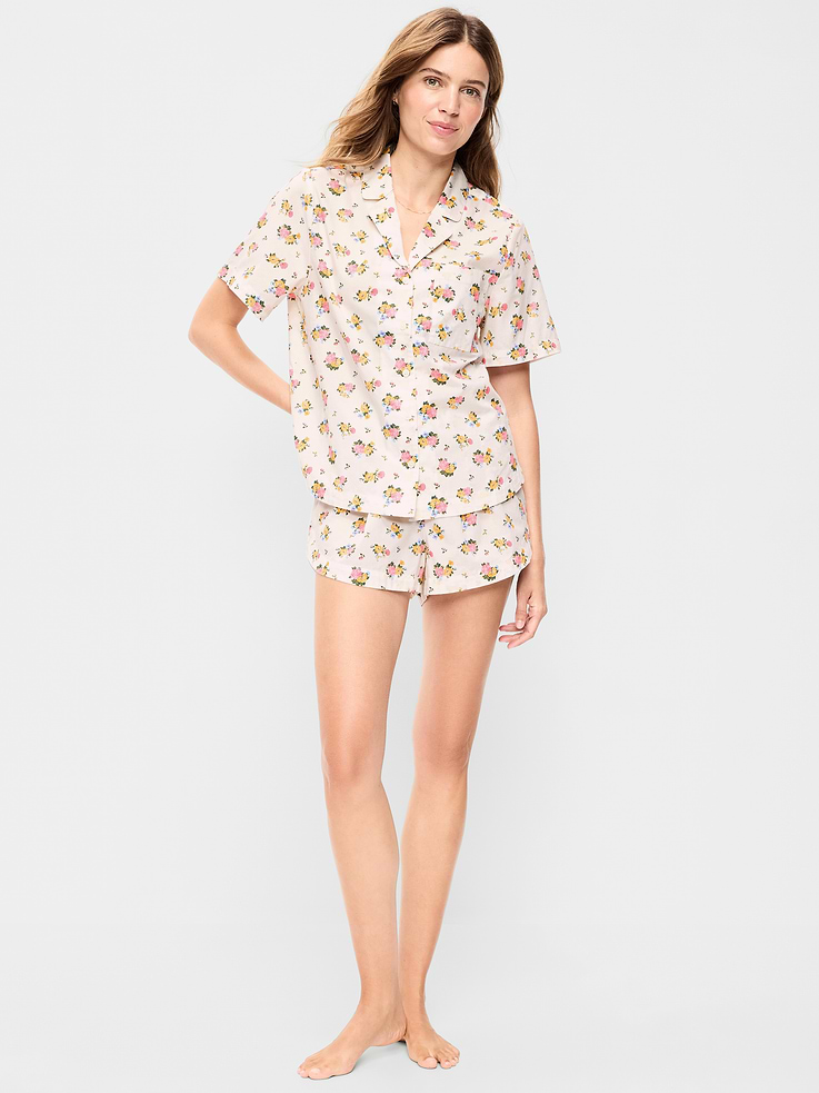 Image 1 of 8, Crisp, breathable cotton that's classic for a reason., set includes sleep shirt and matching boxer shorts, notched collar, short sleeves, button front, patch chest pocket, elastic-waist shorts, Product #707439