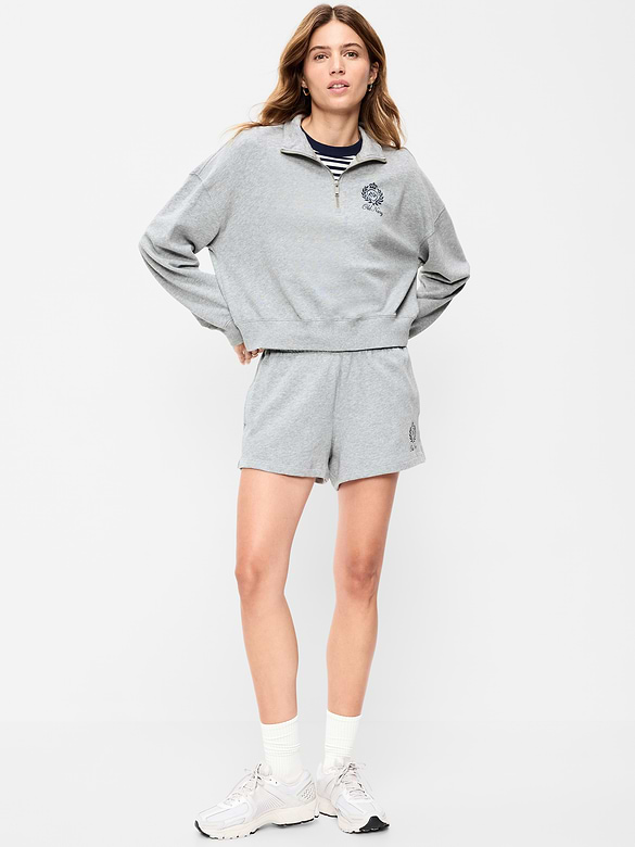 Short ample en denim à taille haute à logo, entrejambe de 7,5 cm