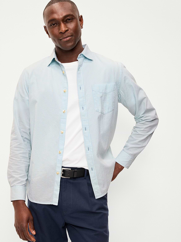 Long-Sleeve Seersucker Striped Pocket Shirt