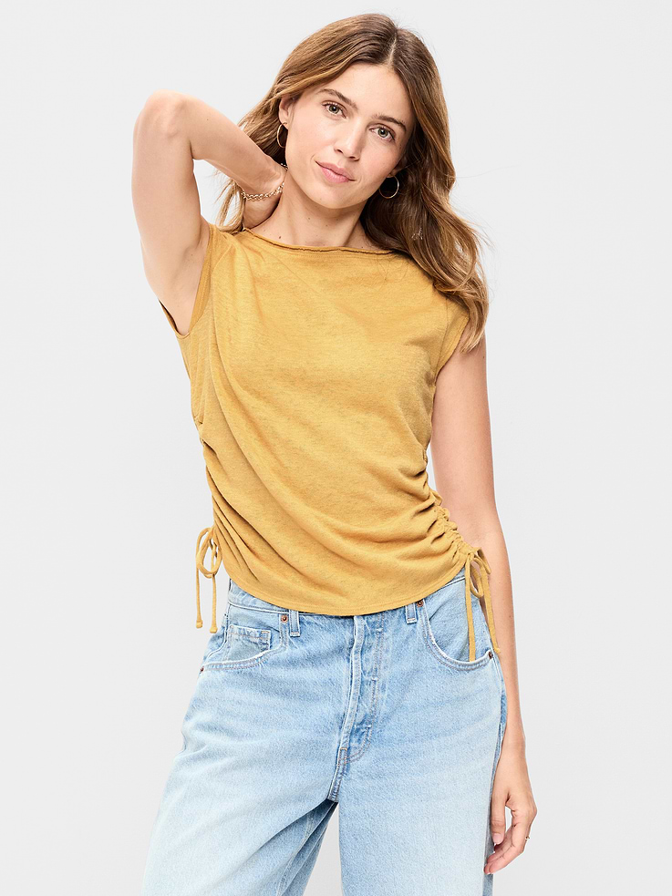 Image number 1 showing, Cap-Sleeve Shirred Side Top