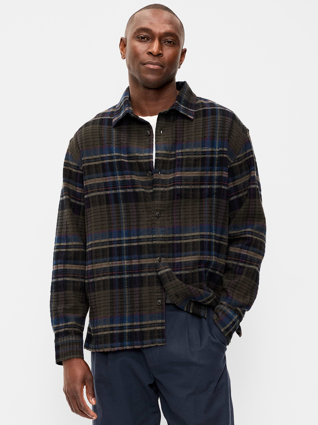 Loose Fit Textured Plaid Pocket Shirt