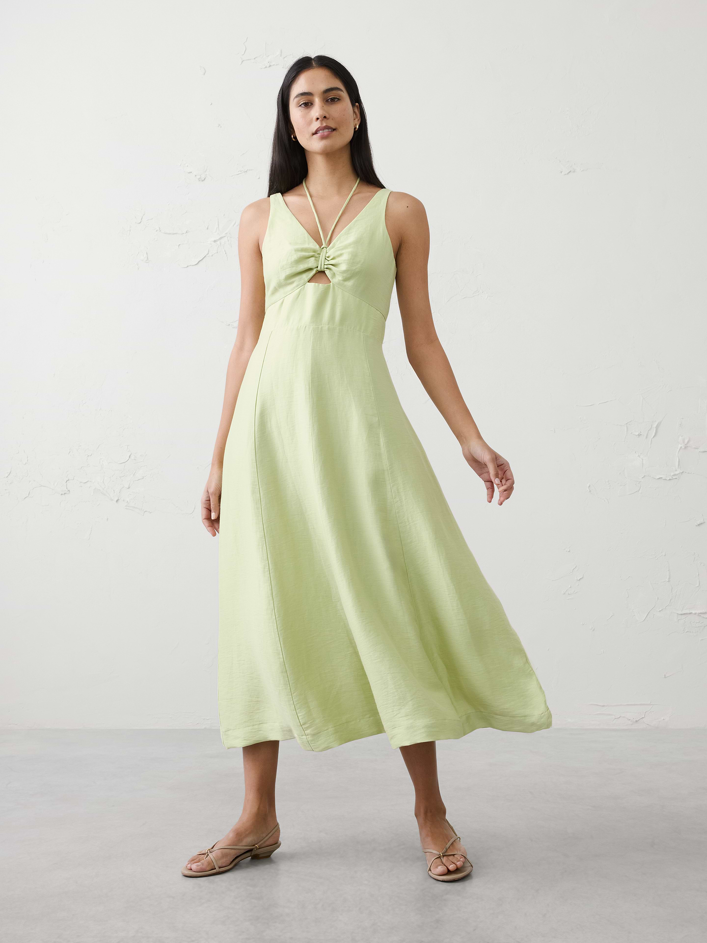 Image number 1 showing, Linen-Blend Cutout Tie-Front Midi Dress