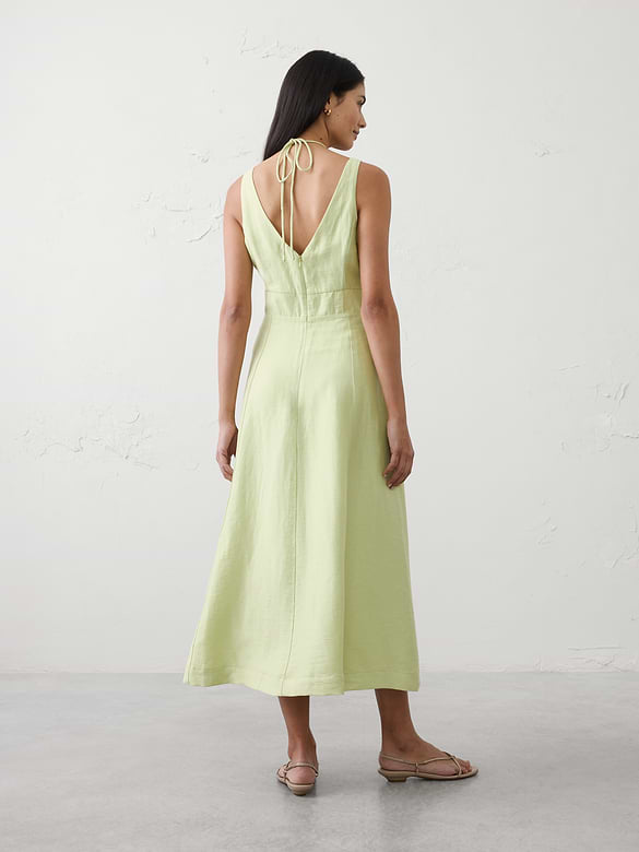 Linen-Blend Cutout Tie-Front Midi Dress