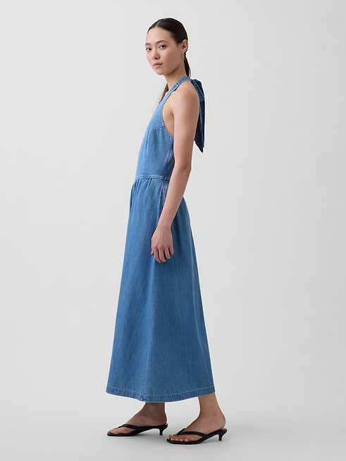 athleta denim dress Women's Tie-Back Halter Maxi by Gap Medium Wash Tall Size L Side welt pockets _bestseller Color:Royal Navy Ombre Short Wedding Dresses Sweetheart Athleta gap