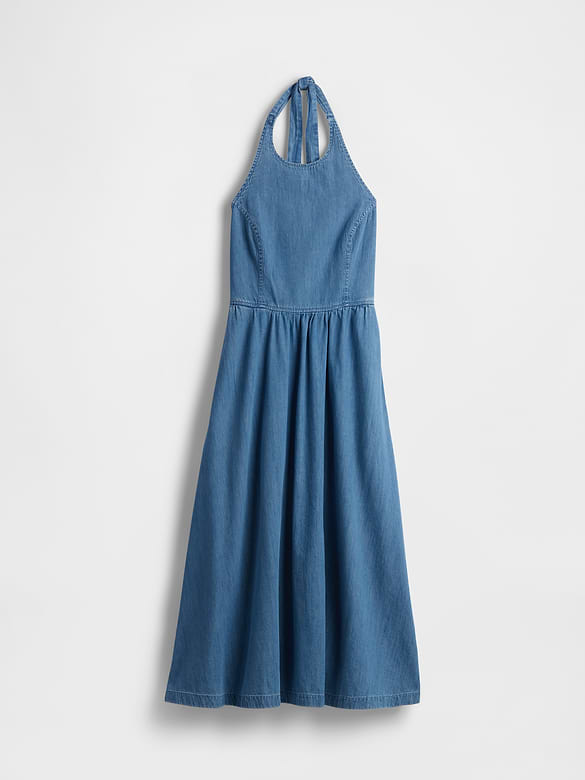 Denim Tie-Back Halter Maxi Dress