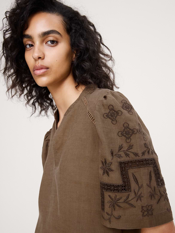 Embroidered Linen Puff-Sleeve Top