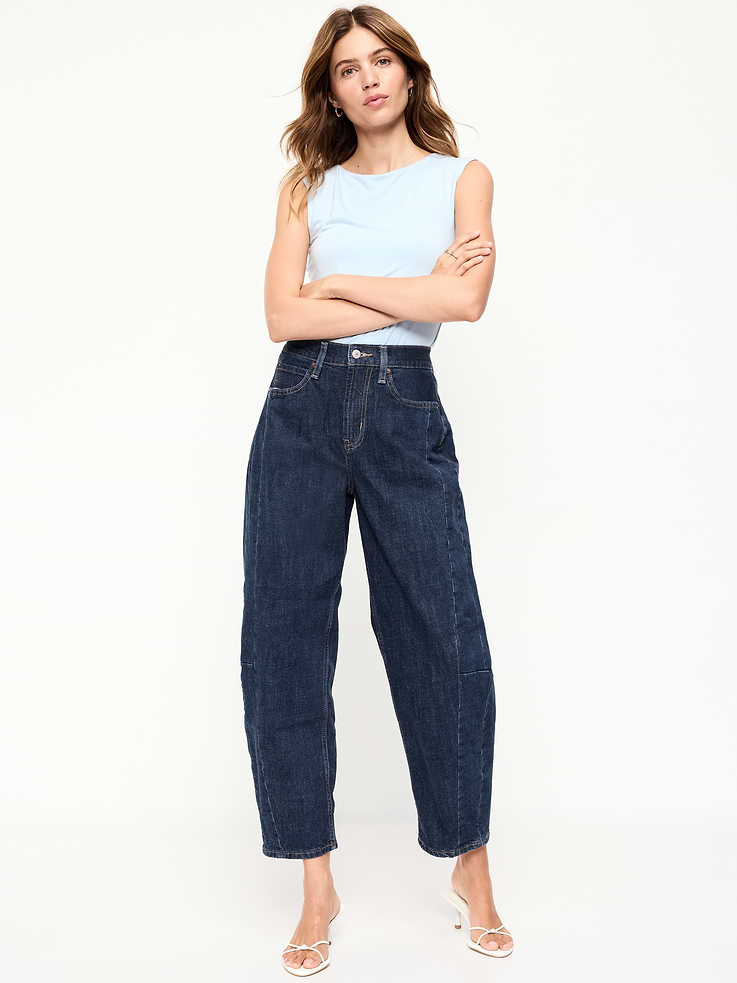 L'image numéro 1 présente Jean coupe baril à taille haute longueur cheville