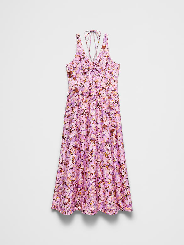 Linen-Blend Cutout Tie-Front Midi Dress