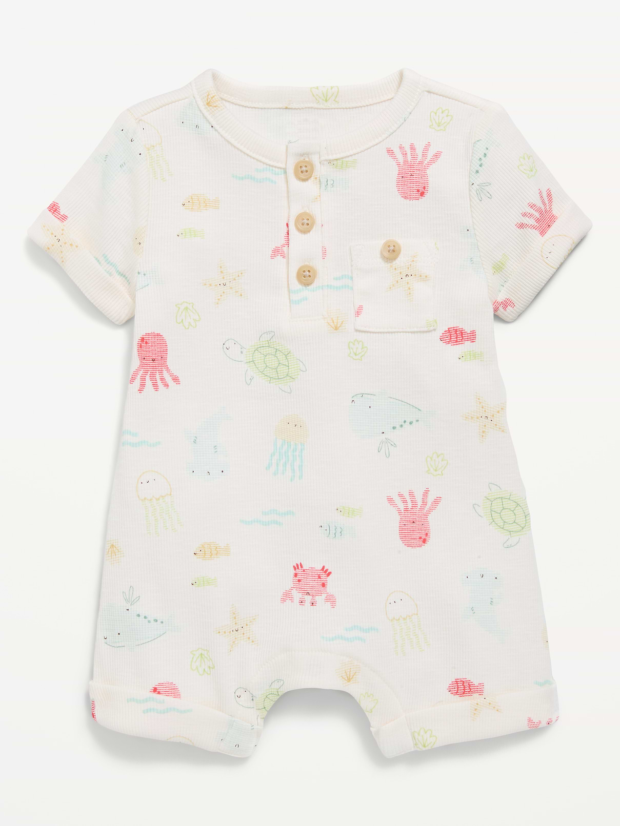 Image number 1 showing, Printed Ribbed Henley Pocket One-Piece Romper for Baby