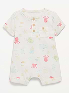 Image number 1 showing, Printed Ribbed Henley Pocket One-Piece Romper for Baby