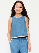 Image number 1 showing, Sleeveless Lace-Trim Chambray Top for Girls