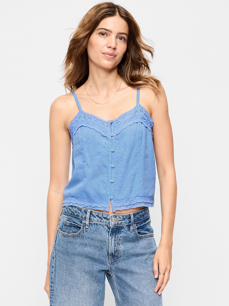Image number 1 showing, Lace-Trim Linen-Blend Cami Tank Top