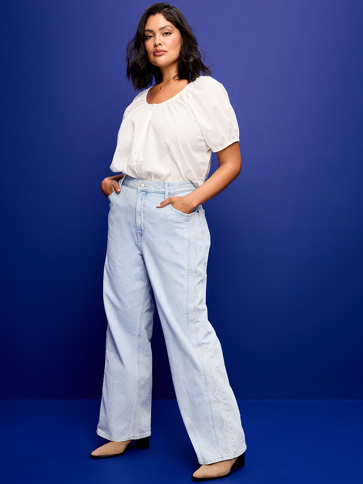 L'image numéro 6 présente Jean brodé à jambe large et taille très haute