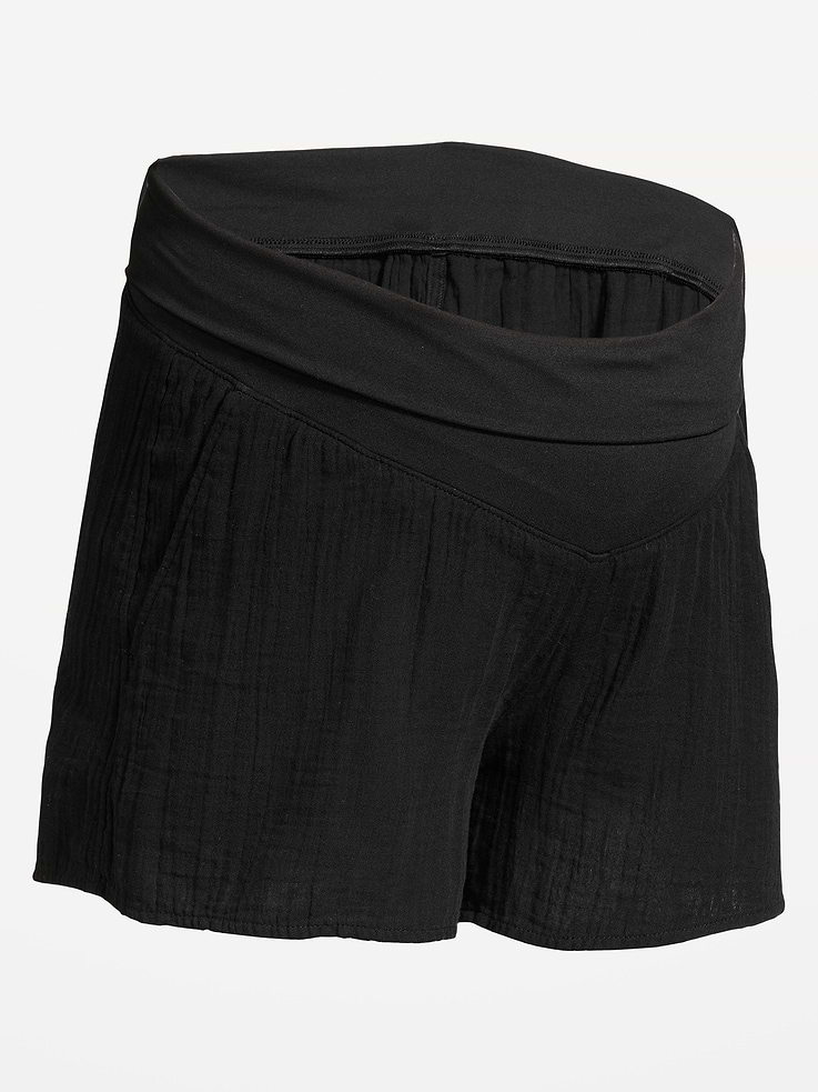 Image number 1 showing, Maternity Foldover-Waist Relaxed Pull-On Crinkle Gauze Shorts