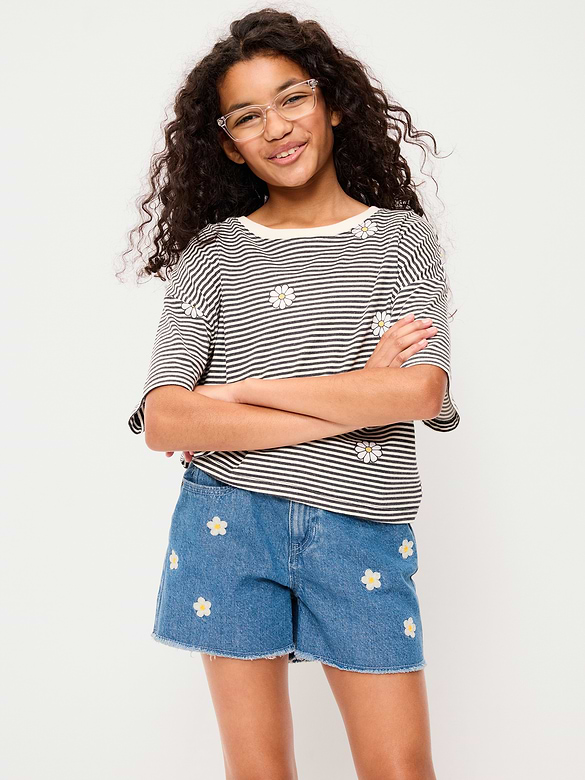 High-Waisted Embroidered Frayed-Hem Jean Shorts for Girls