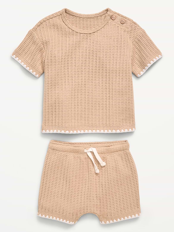Short-Sleeve Crochet-Knit Top and Shorts Set for Baby
