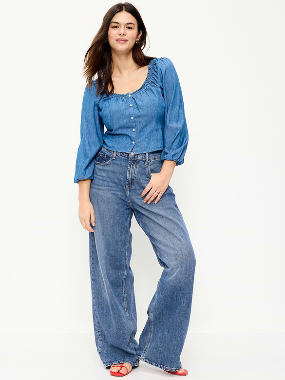 High-Waisted Baggy Wide-Leg Stretch Jeans