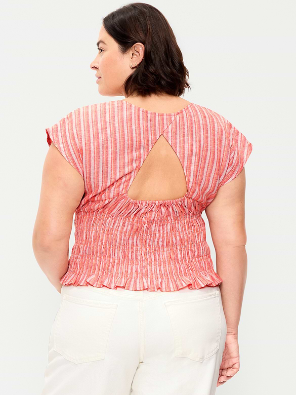 Linen-Blend Short-Sleeve Smocked Top