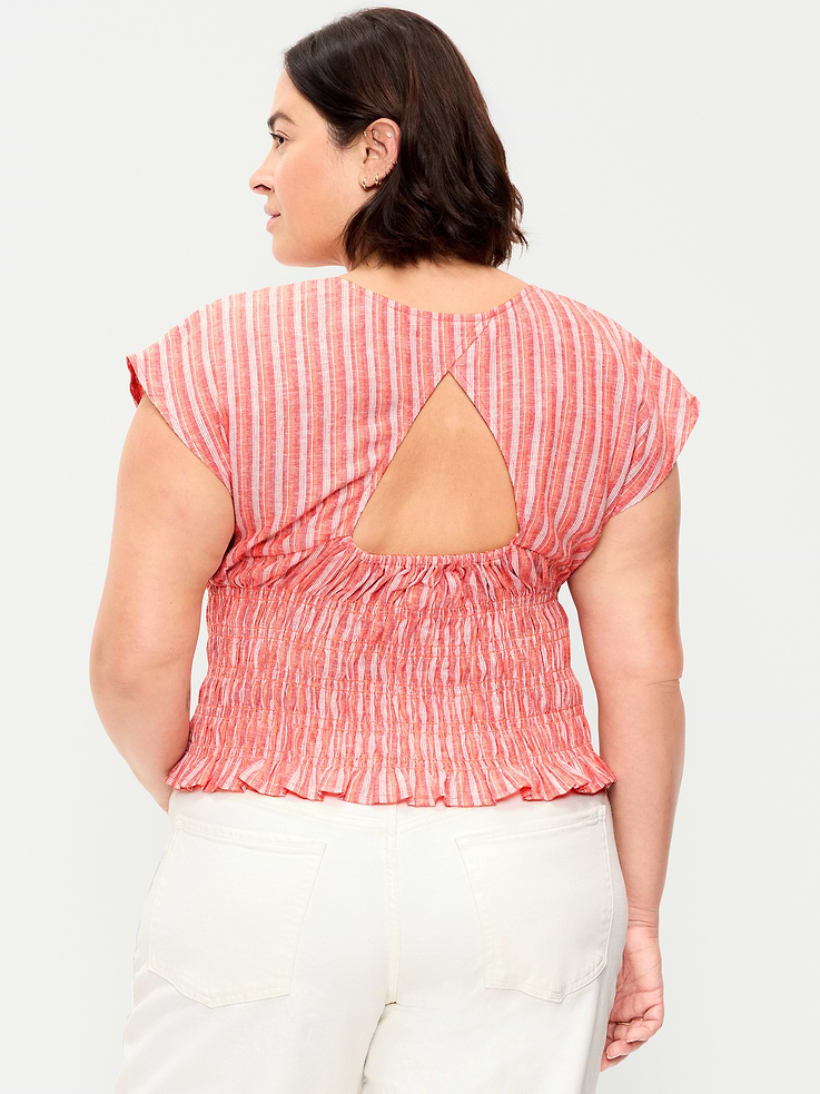 Image number 7 showing, Linen-Blend Short-Sleeve Smocked Top