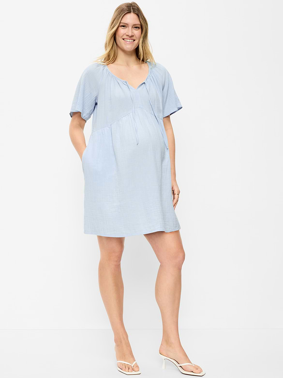Maternity Crinkle Gauze Flutter-Sleeve Mini Swing Dress