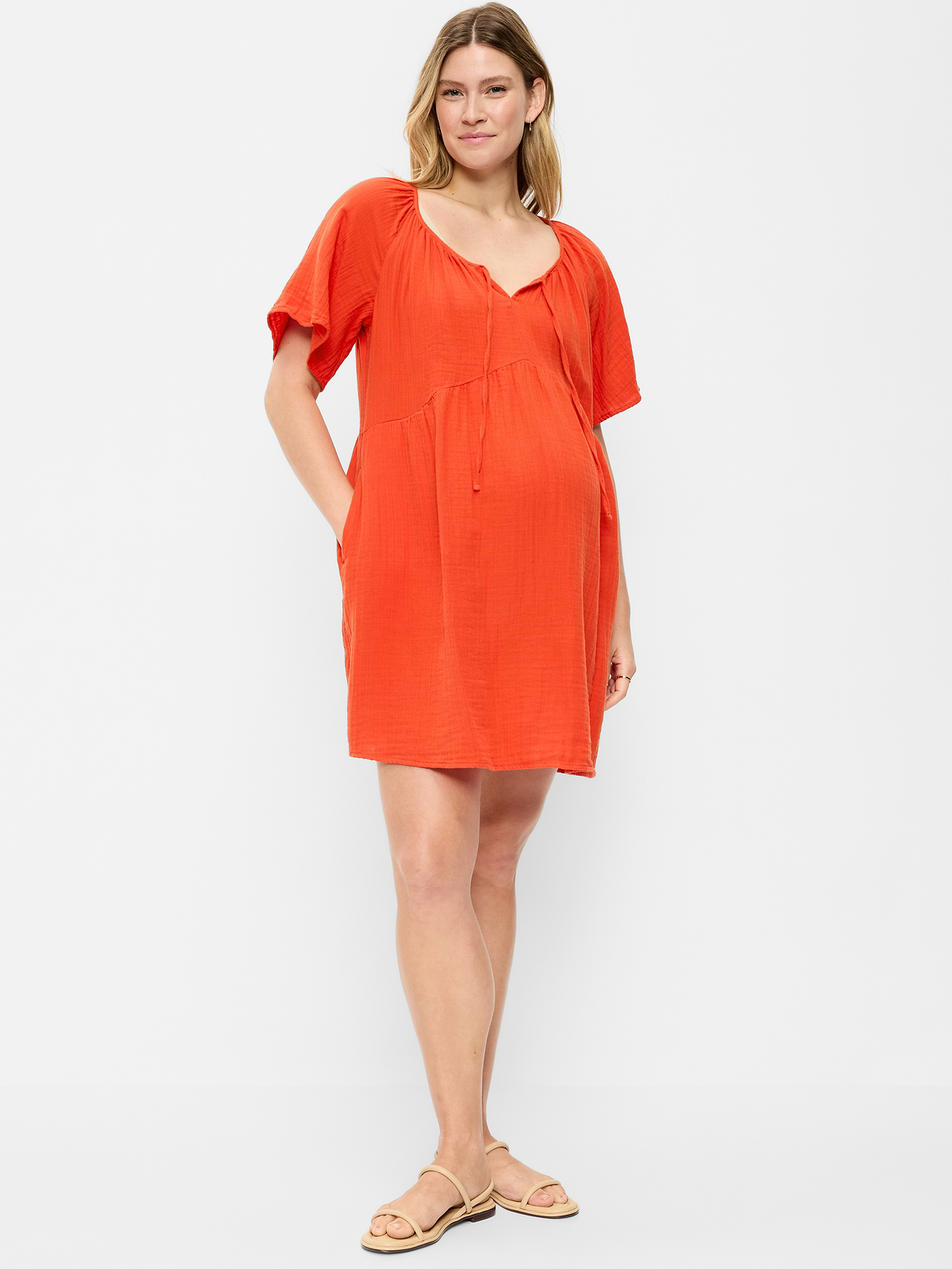Image number 1 showing, Maternity Crinkle Gauze Flutter-Sleeve Mini Swing Dress
