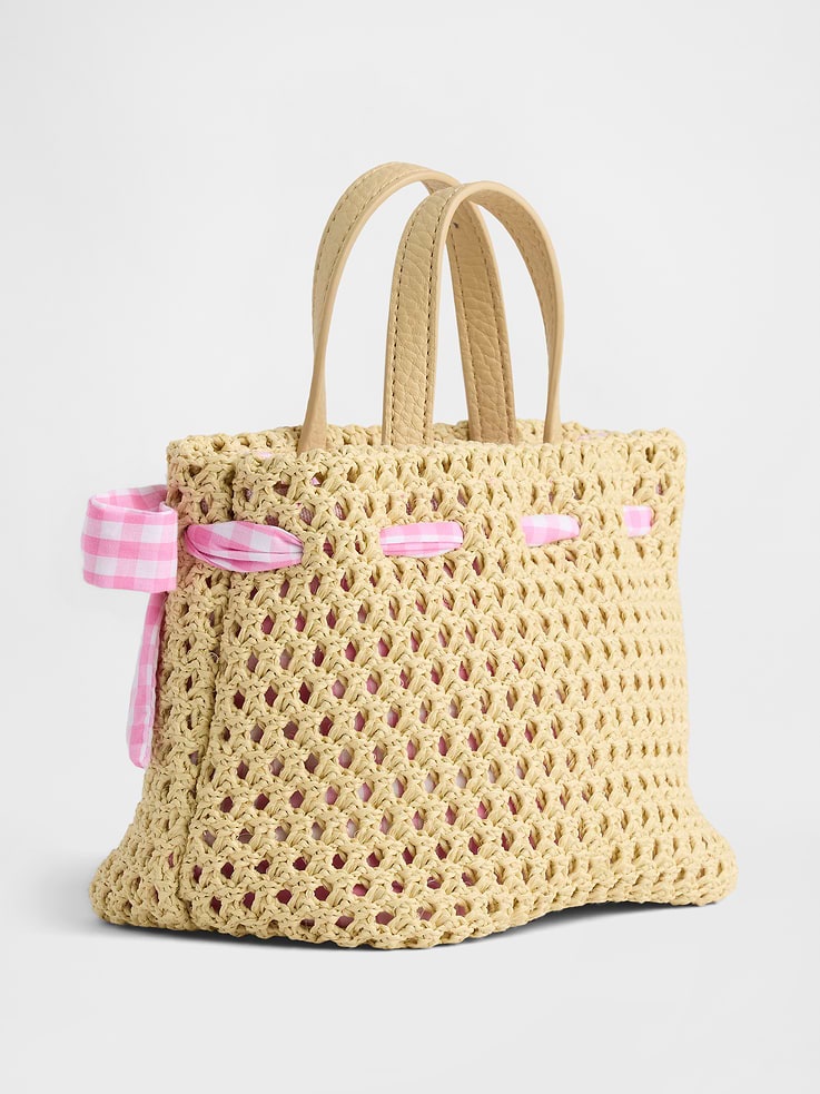 Image 2 of 2, Toddler Gingham Bow Straw Bag