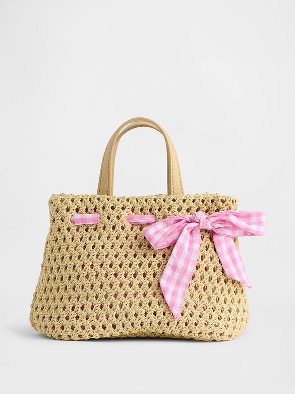 Toddler Gingham Bow Straw Bag