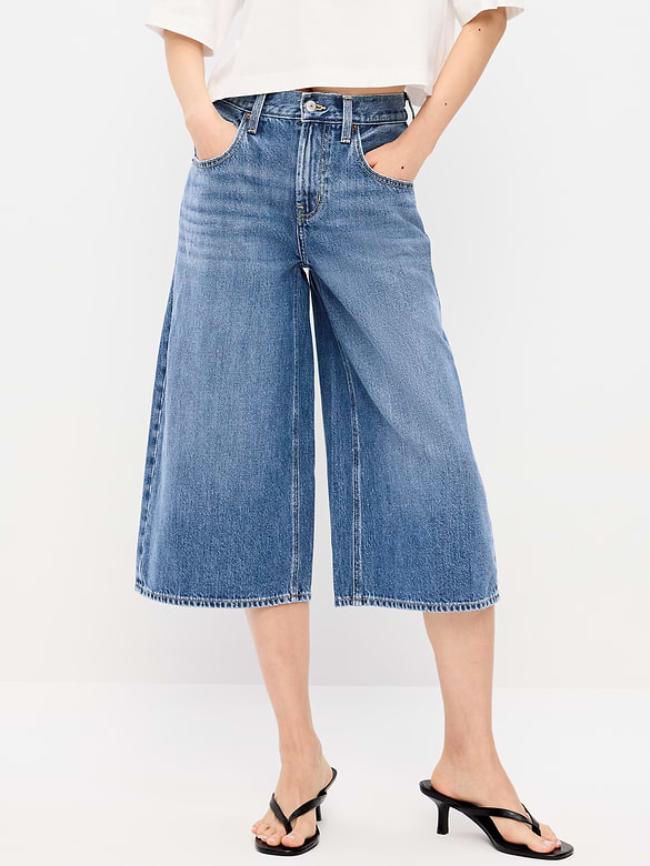 Mid-Rise Baggy Wide-Leg Culotte Jeans