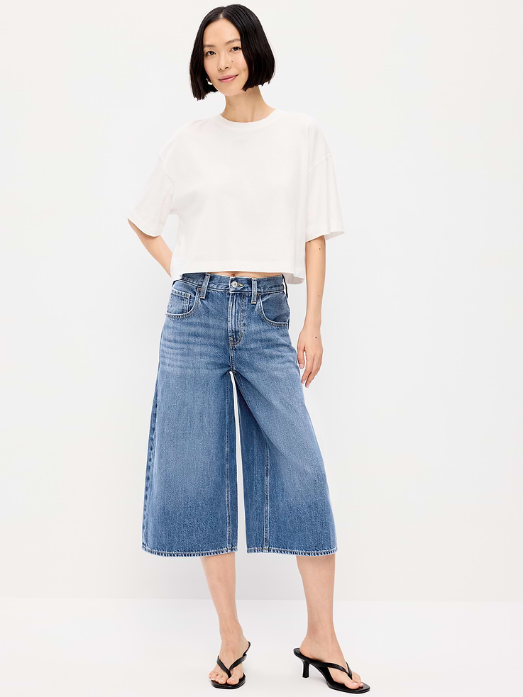 Image number 1 showing, Mid-Rise Baggy Wide-Leg Culotte Jeans