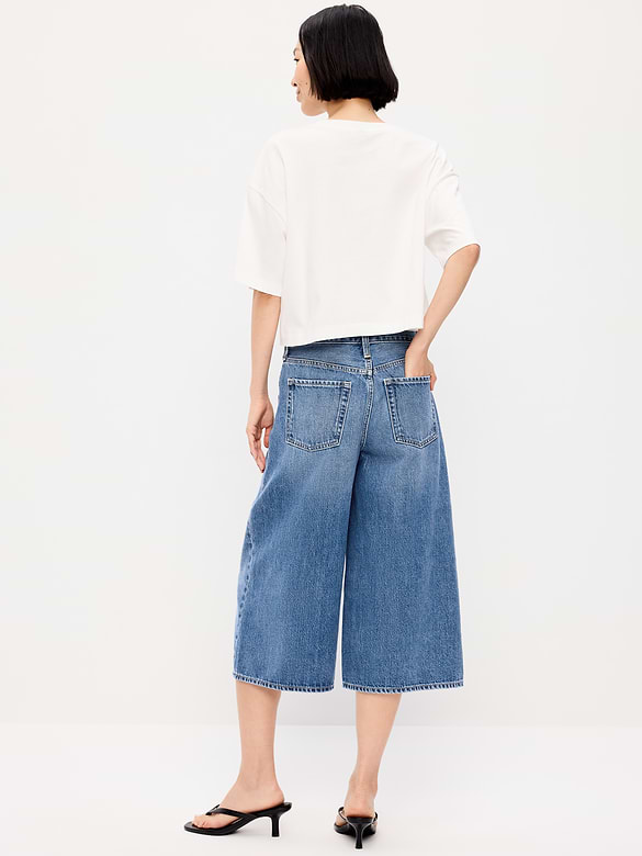 Mid-Rise Baggy Wide-Leg Culotte Jeans
