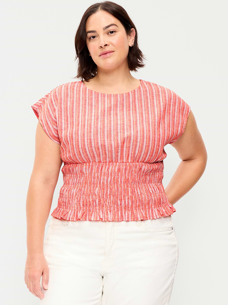 Image number 6 showing, Linen-Blend Short-Sleeve Smocked Top