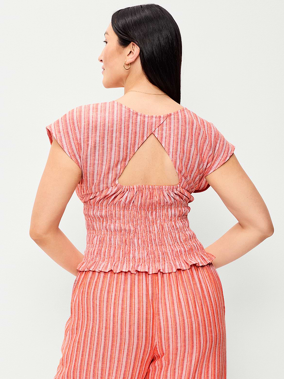 Linen-Blend Short-Sleeve Smocked Top