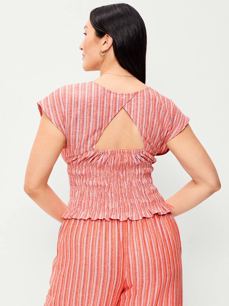 Image number 5 showing, Linen-Blend Short-Sleeve Smocked Top