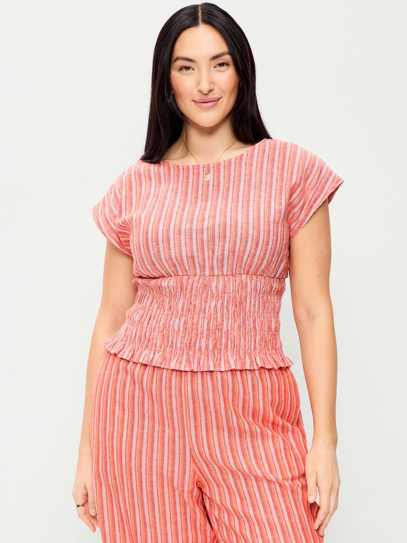 Linen-Blend Short-Sleeve Smocked Top