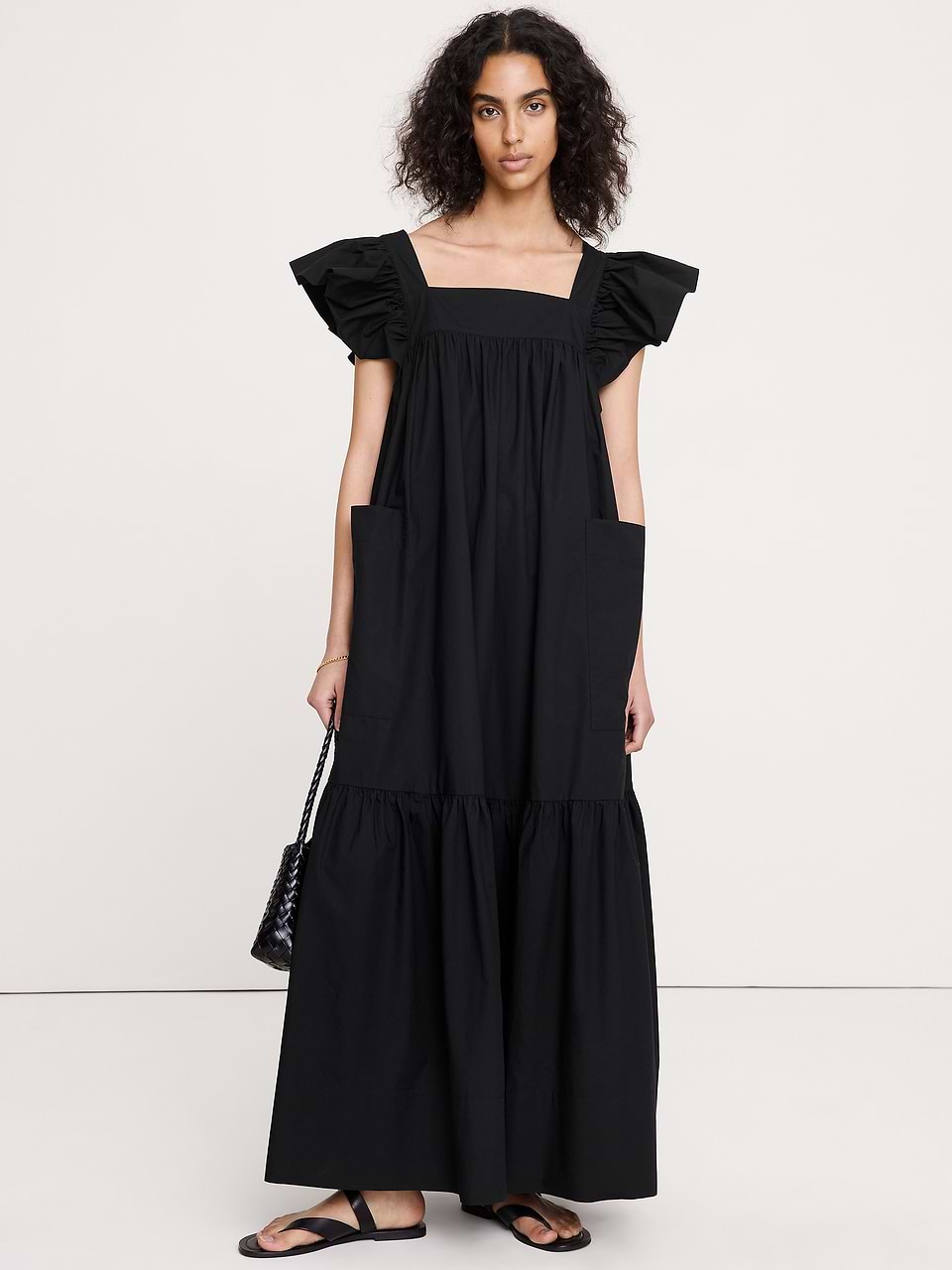 Banana Republic Women's Cotton Poplin Flounce Maxi Dress Black Size XXS