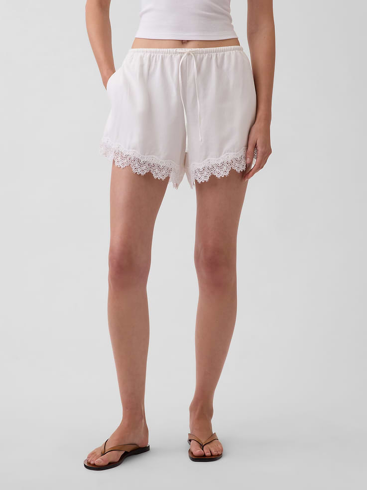 Image number 2 showing, 4" Mid Rise Linen-Blend Lace-Trim Shorts