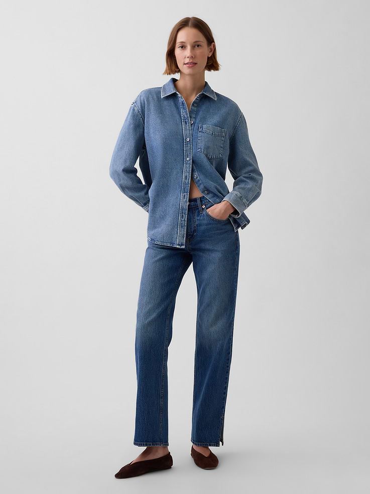 Image number 1 showing, Mid Rise Split-Hem Relaxed Straight Jeans