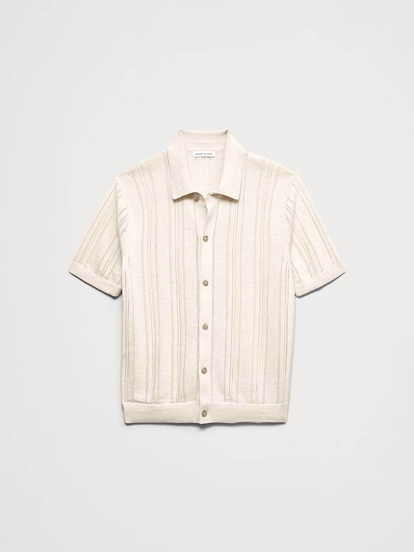 Linen-Cotton Textured Polo Cardigan