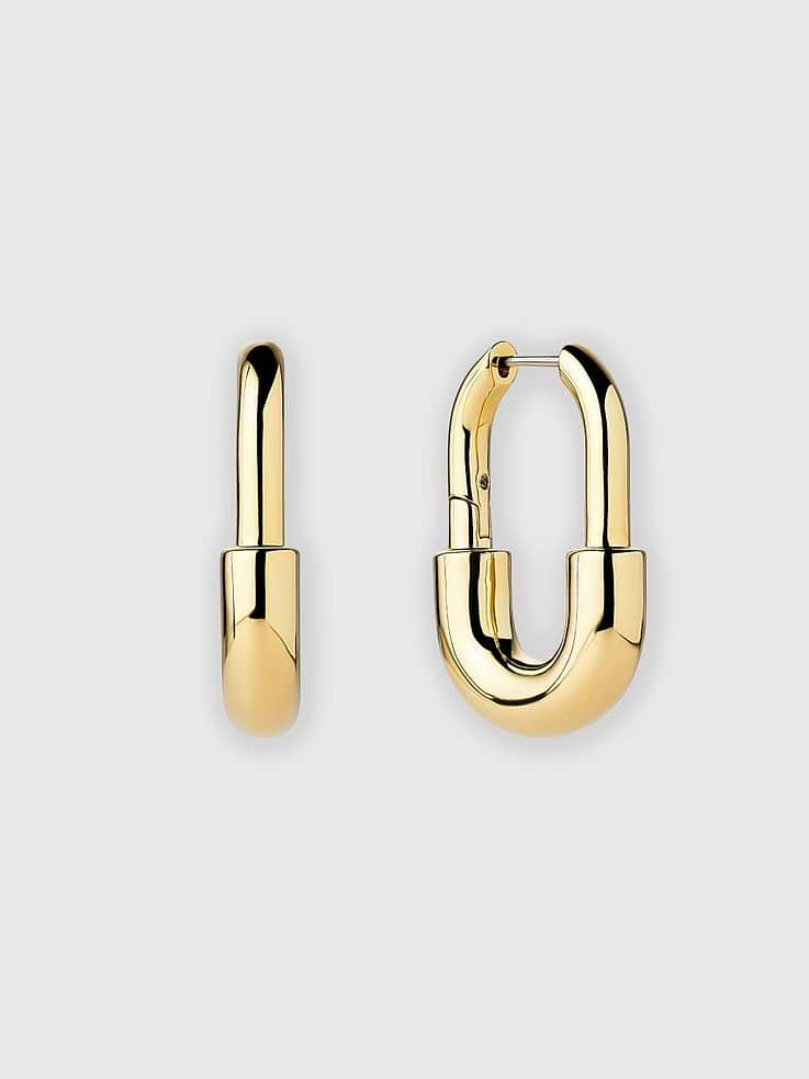 Image 1 of 3, These gold hoops are a sign to add something bold to your next stack., Plated in 14K gold, these everyday hoops feature a tubular design with varying widths for a unique finishing touch., Ana Luisa is a jewelry brand founded in 2018 to elevate everyday, with Earth-friendly jewelry that lasts.