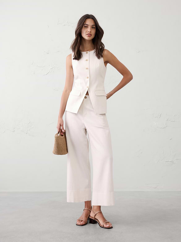 Linen-Blend Long Cutaway Vest