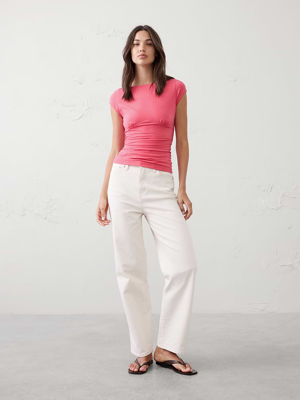Soft Stretch Cap-Sleeve Ruched Top