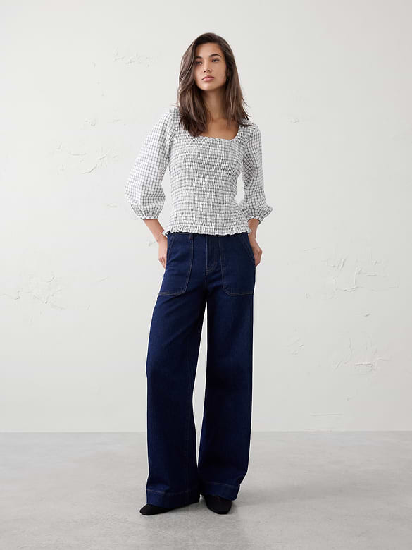 Seersucker Smocked-Bodice Top