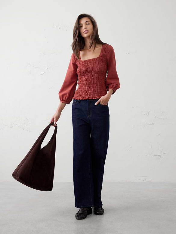 Seersucker Smocked-Bodice Top