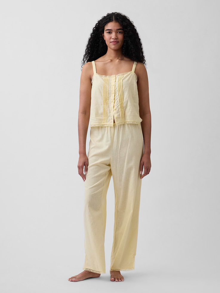 Image 2 of 4, Linen-Blend Pintuck Crop PJ Tank Top