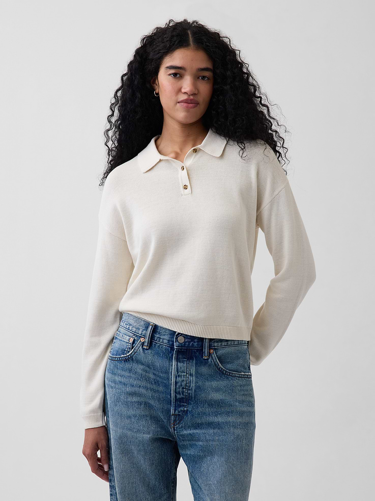 Image number 1 showing, 100% Cotton Relaxed Polo Sweater