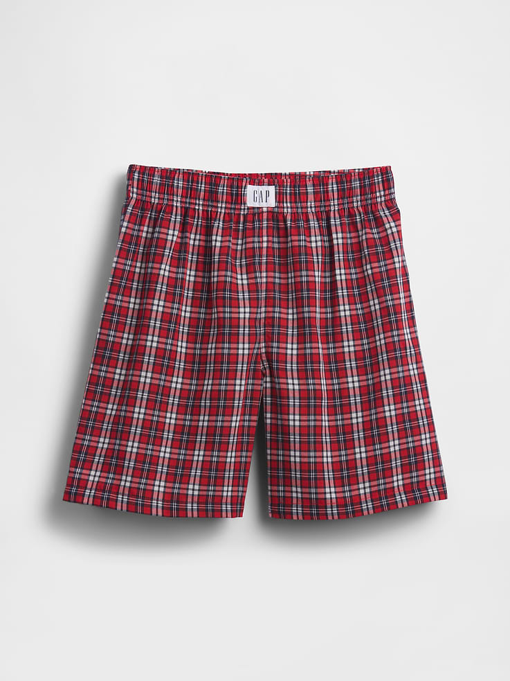Image 1 of 3, Soft, woven brushed poplin pajama boxer shorts. In a loose fit., Elasticized waist with Gap logo at front., Allover plaid print., Made with 100% recycled polyester. Compared to virgin materials, using recycled materials helps reduce resource use and waste., This product was made in a factory that invests in gender equity and women’s empowerment through RISE. Learn more at gapinc.com/equity ., Product #898341