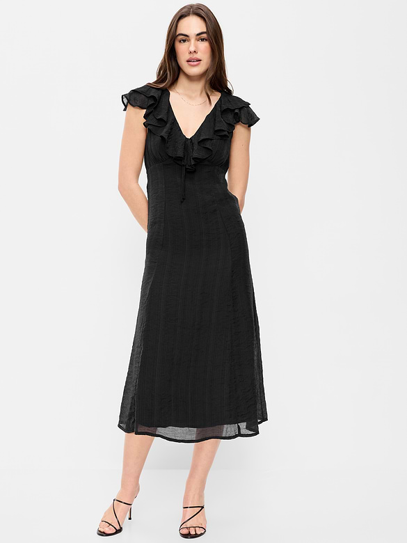 Ruffle-Sleeve Fit & Flare Midi Dress