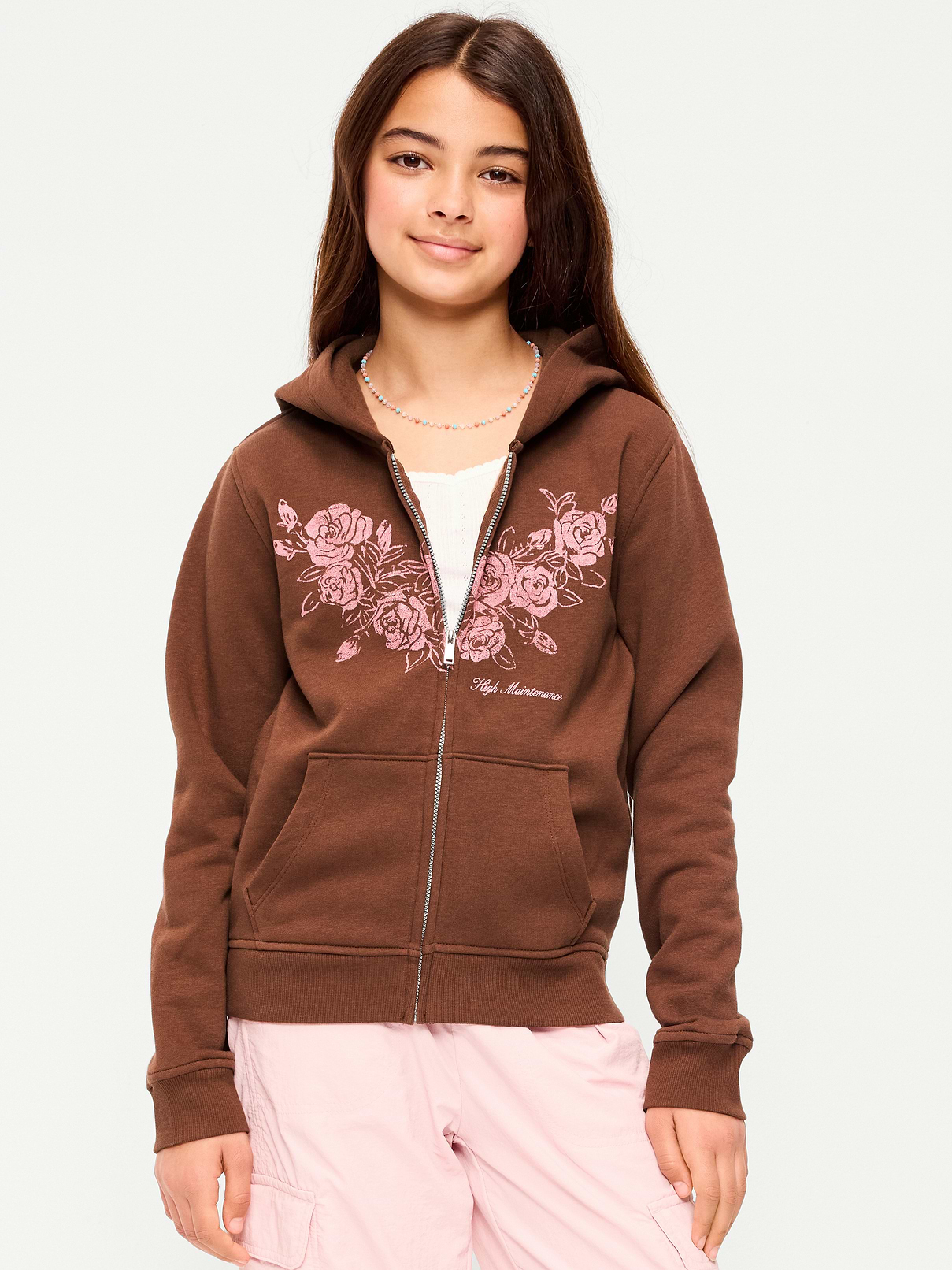 Image 1 of 3, built-in hood, long sleeves, graphic at front, hand-warming pockets, full length zipper, Product #873569