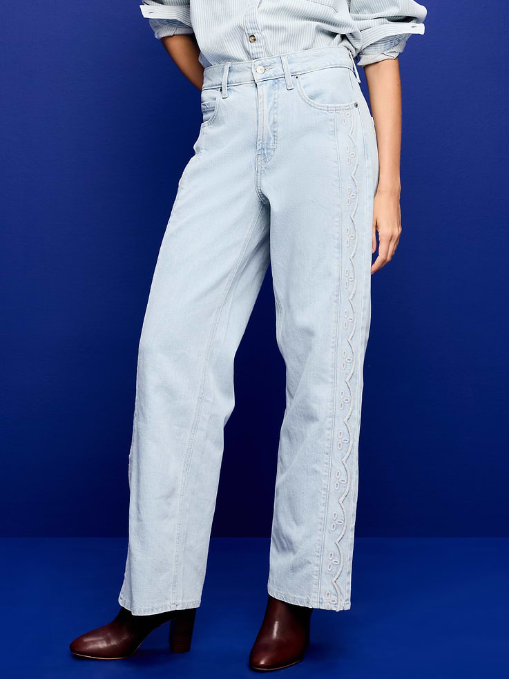 L'image numéro 2 présente Jean brodé à jambe large et taille très haute