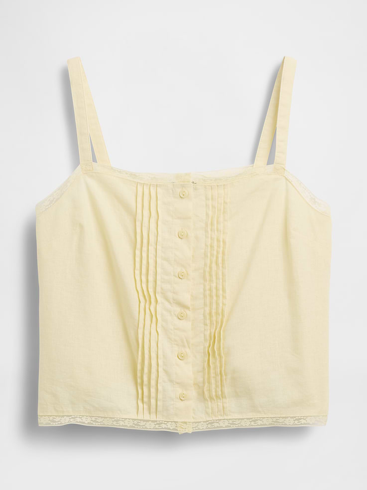 Image 4 of 4, Linen-Blend Pintuck Crop PJ Tank Top